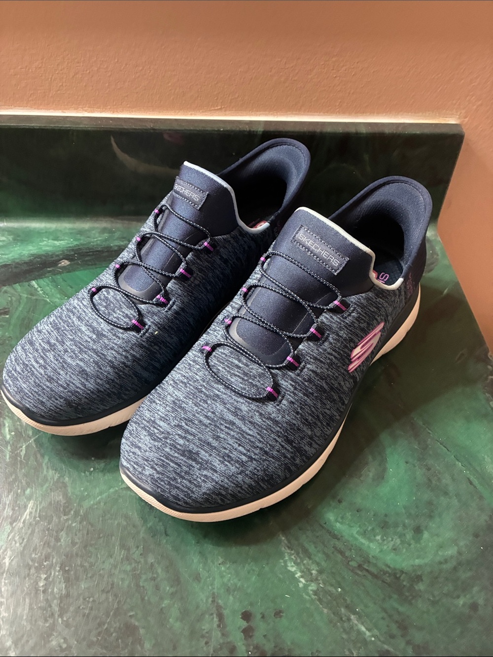 Skechers Navy Slip-On Athletic Sneakers with Pink Accents - Women's